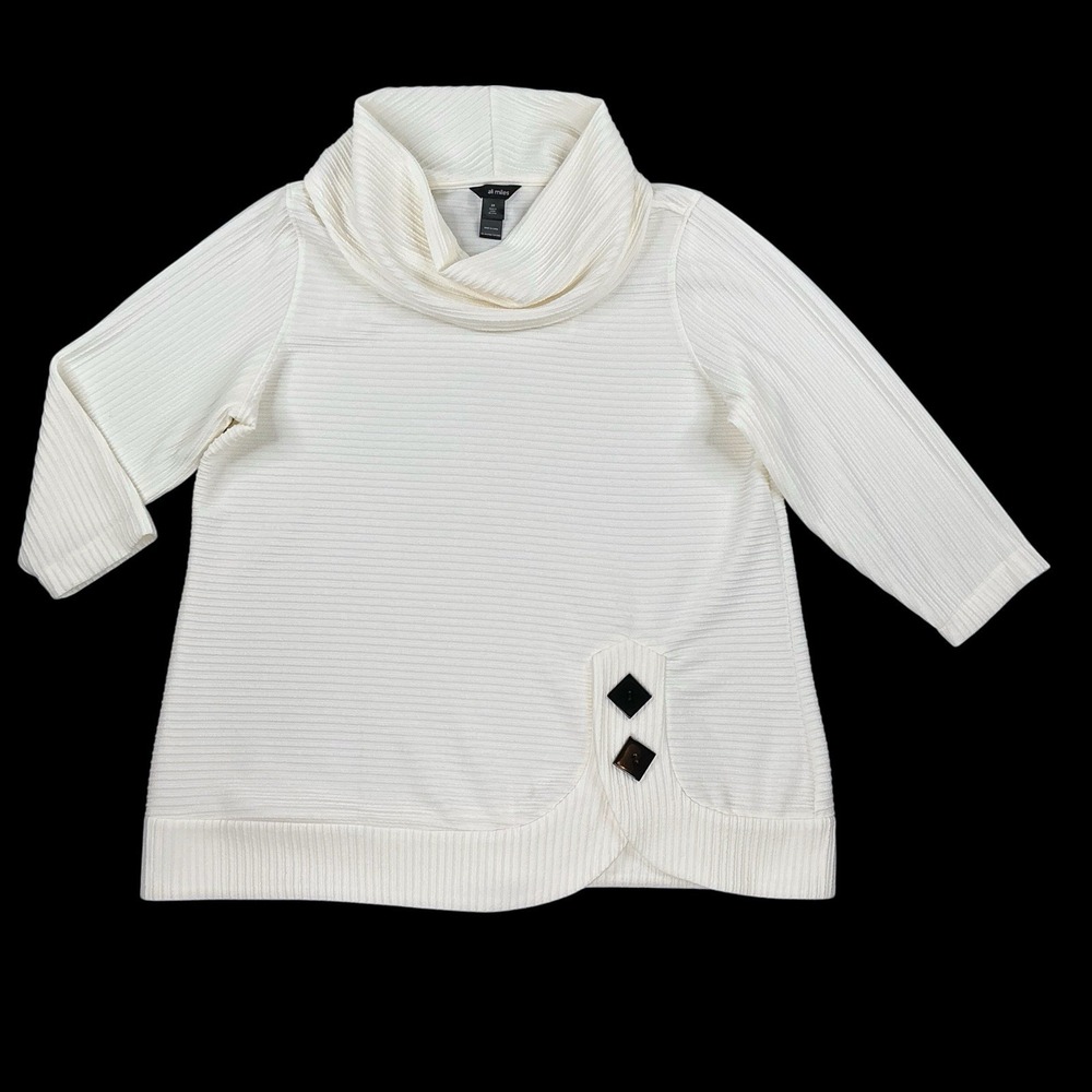 Ali Miles Tunic Women 2X Ivory 3/4 Sleeve Cowl Neck Top‎ Knit Ribbed Buttons